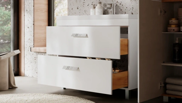 Тумба под раковину Velvex Orlando 1000-0-2, 997х445х799 мм напольная, цвет белый матовый, 2 выдвижных ящика, подходит раковина Madera Classica rkCla.100-81, универсальная, в ванную комнату