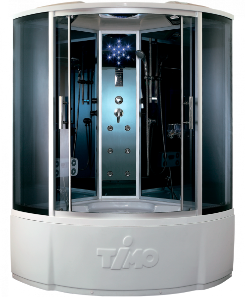 Душевая кабина 150x150х220 см TIMO Standart поддон высокий, полукруглая, с гидромассажем, с верхним душем, с сиденьем, стекло тонированное, заднее черное, сенсорная, смеситель, профиль, прозрачное стекло, белая, закрытая