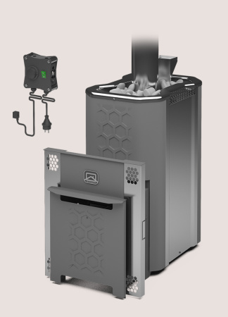 Печь газовая Эльма-20 ЛГ ТЕПЛОДАР 20м³, напольная, пристенная, с открытой каменкой, с выносной топкой из предбанника, вертикальная