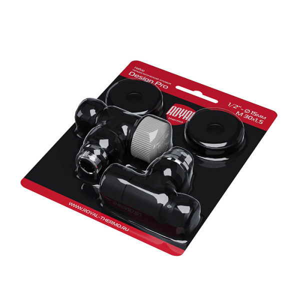 Набор термостатический Royal Thermo Design Pro DN15 1/2" ВР-НР угловой, цвет черный, для радиатора отопления, термостатический и запорный клапан, вентиль RATVXU11215BL (Роял Термо)