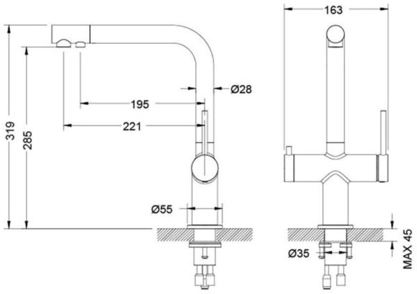 Смеситель для кухни/мойки Aquatek Европа с каналом для фильтрованной воды, однорычажный, поворотный, керамический, излив 221 мм, высота излива 285 мм латунь, цвет матовый черный