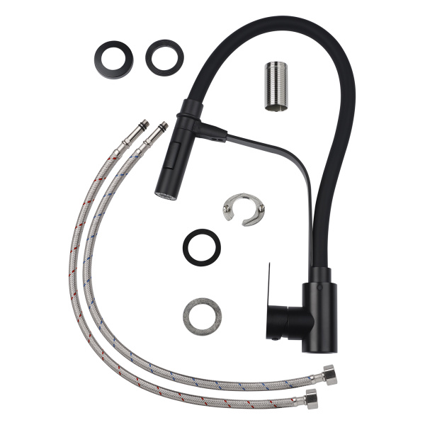 Смеситель для кухни/мойки AQUEDUC однорычажный, поворотный/гибкий, керамический, длина излива 230 мм, высота 240 мм, нержавеющая сталь/силикон, цвет черный 345735