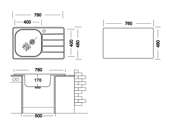 Мойка Ukinox Гранд, 78х48 см, врезная, стальная, прямоугольная, цвет нержавеющая сталь, с отверстием под смеситель, слив-перелив, с крылом, левая/левосторонняя, для кухни