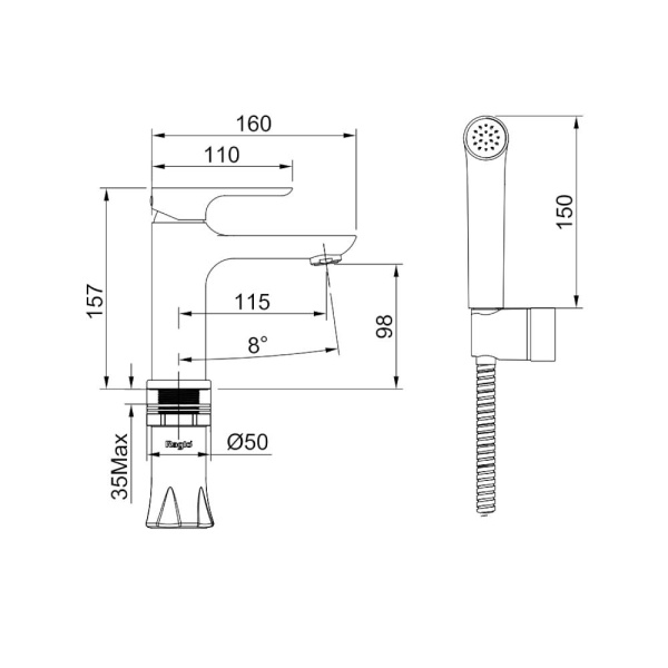 Смеситель для раковины/умывальника Raglo R03.12 с гигиеническим душем, однорычажный, неповоротный, латунь, длина излива 115 мм, керамический, цвет хром