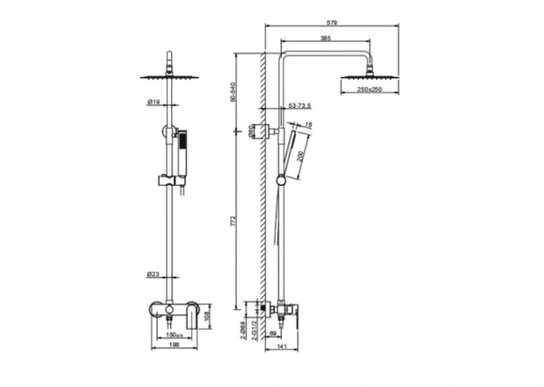 Душевая система Aquatek Лира 772-1312 мм, цвет хром, комплект: смеситель/тропический душ (с верхней лейкой)/лейка/стойка/шланг, нержавеющая сталь/латунь