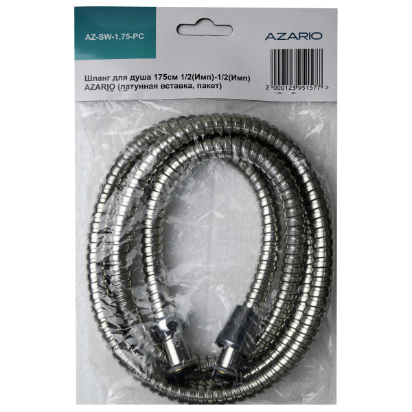 Шланг для душа Azario 175 см, 1/2” и 1/2”  (хром) для душа/лейки/ванны, в металлической/железной оплетке, без лейки, внутренняя резьба