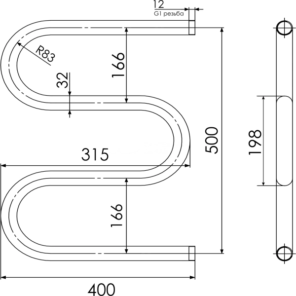 Полотенцесушитель 500х400 мм IndigoM MW50-40 1" дюйм м/о 500 мм, водяной, боковое подключение, из нержавеющей стали, форма M-образная, настенный, цвет хром