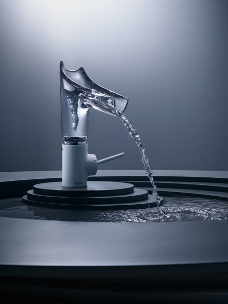 Смеситель для раковины Axor Starck V 140, однорычажный, стеклянный поворотный излив, длина излива 12,5 см, керамический, латунь, цвет: белый, с незапираемым сливным набором