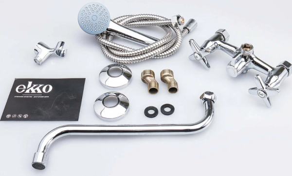 Смеситель для ванны/душа Ekko E26020-1 двухвентильный, настенный, поворотный, цинковый сплав силумин, длина излива 370 мм,кран-букса керамика, цвет хром