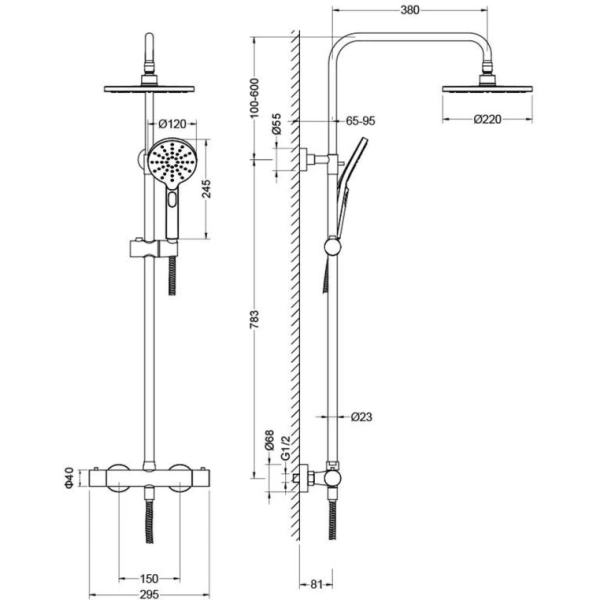 Душевая система Aquatek Европа с термостатом, 883-1383 мм, цвет шлифованное золото, комплект: термостатический смеситель/тропический душ (с верхней лейкой)/лейка/стойка/шланг, латунь