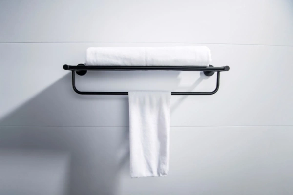 Полка Aquatek Европа с полотенцедержателем, 600х204 мм настенная, цвет матовый черный, нержавеющая сталь/латунь, прямоугольная, подвесная, для душа/ванной