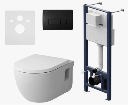 Комплект унитаза с инсталляцией Am.Pm, унитаз подвесной Like FlashClean, горизонтальный/в стену выпуск, кнопка двойная Pro M (матовый черный), сиденье микролифт, быстросъёмное