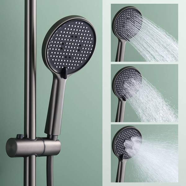 Душевая система Splenka S223.26.09 с термостатом, 1160-1560 мм цвет графит, комплект: термостатический смеситель/излив/тропический душ круглый (с верхней лейкой)/лейка/стойка/шланг, латунь/нержавеющая сталь