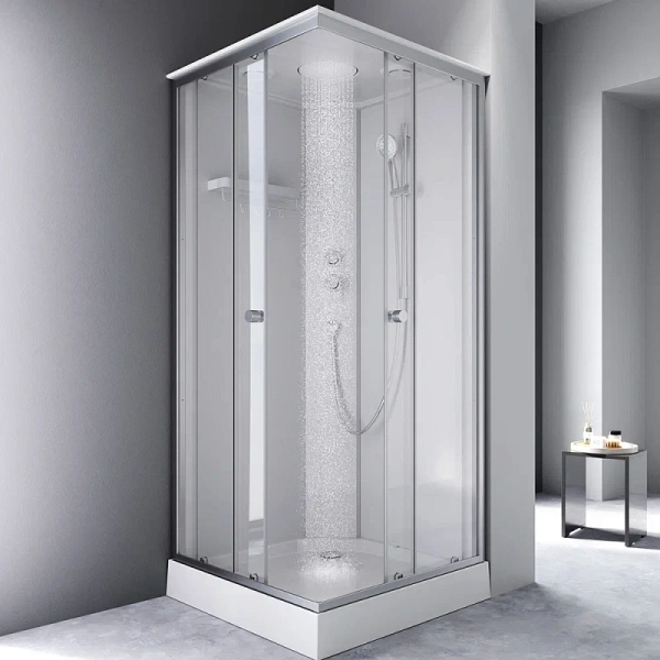 Душевая кабина AM.PM X-Joy, 90х90, поддон низкий, квадратная/угловая, стекло прозрачное, заднее белое, с верхним душем, профиль серебристый, без гидромассажа, с крышей