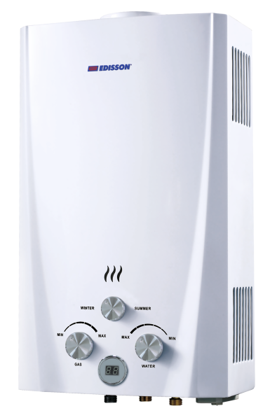 Газовая колонка EDISSON F 20 D (водонагреватель газовый) настенный, вертикальный, накопительный тип, 20 кВт, 10 л/мин, 610х350х188 мм, (цвет белый, прямоугольный, плоский) с нижнее подводкой