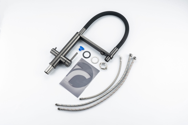 Смеситель для кухни/мойки Knotlor Infinity, с подключением к фильтру, однорычажный, поворотный, керамический, R-излив, гибкий, длина 237 мм, вороненая сталь/черный, нержавеющая сталь