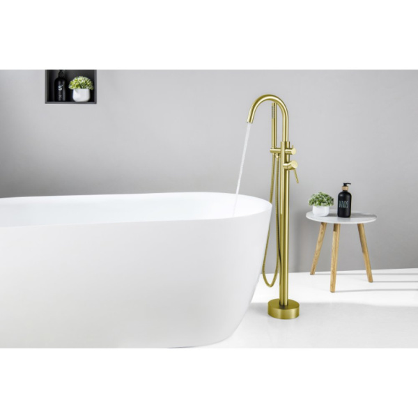 Смеситель для ванны/душа Aquatek Европа напольный, однорычажный, поворотный, длина 227 мм, керамический, латунь, цвет шлифованное золото