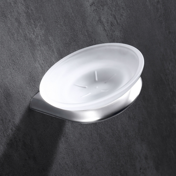 Мыльница ABBER Nord настенная, нержавеющая сталь/стекло, подвесная, округлая, для душа/ванны/мыла, в ванную комнату, цвет матовое стекло/сатин AA1558SP