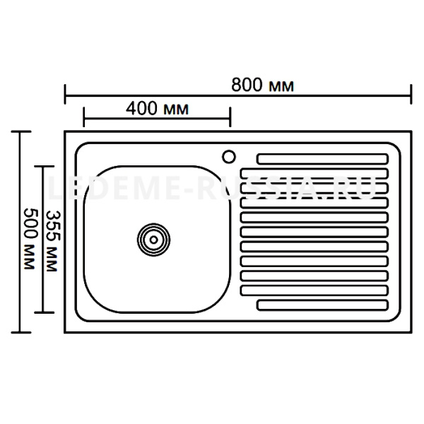 Мойка Ledeme, 80х50 см, толщина 0.8 мм, с левыым крылом, с сифоном, накладная, нержавеющая сталь, прямоугольная, цвет глянцевый, отверстие под смеситель, для кухни, прямая L98050-R