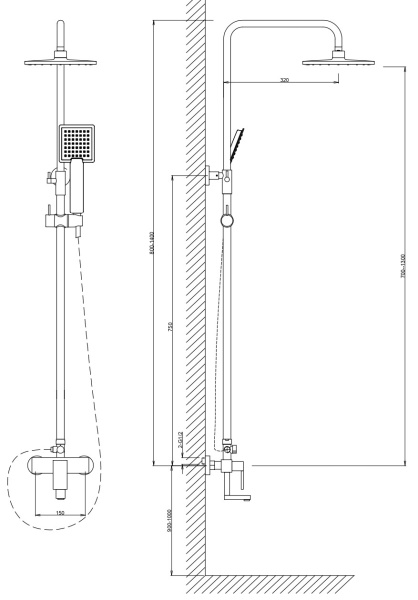 Душевая система Voda со смесителем высота 800-1400 мм цвет черный, комплект: однорычажный смеситель/излив/тропический душ 200х220 мм /лейка/стойка/шланг, нержавеющая сталь, прямоугольная