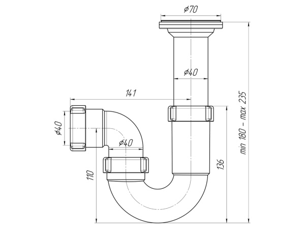 Сифон ANI (Ани пласт) 1 1/2"*40 трубный, прямоточный, с литым выпуском и нержавеющей решеткой D0500