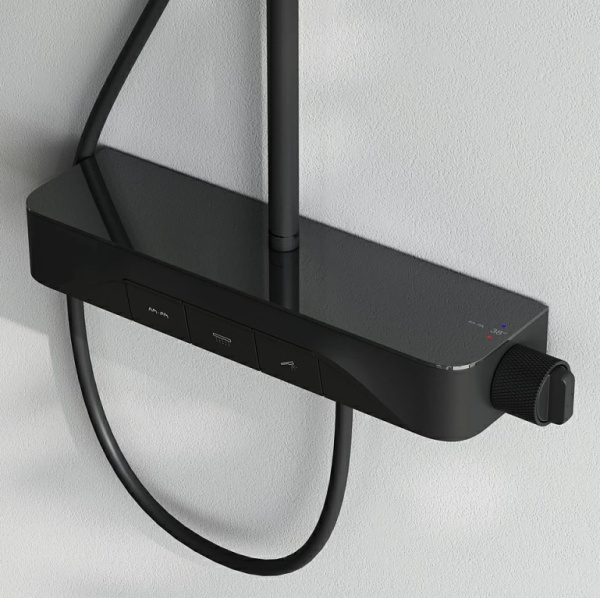 Душевая система AM.PM Func, высота 1460 мм, цвет черный, комплект: термостатический смеситель/тропический душ (с верхней лейкой)/стойка/лейка/шланг, наружного монтажа