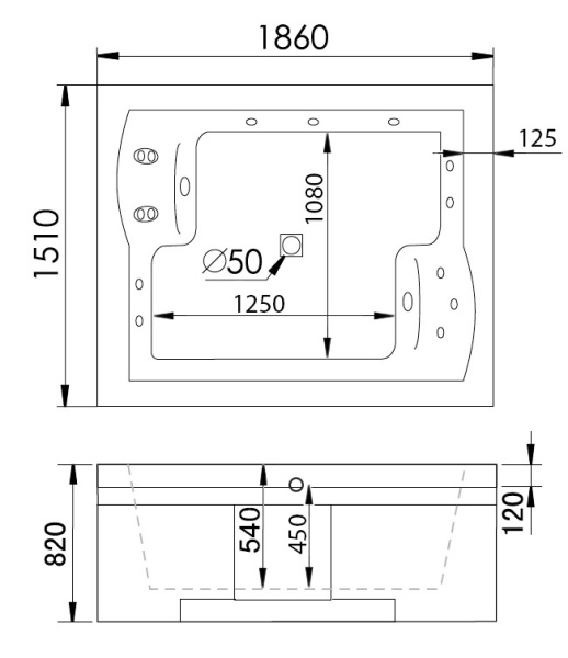 Ванна Gemy 186х151х82 акриловая с гидромассажем G9052 II B R