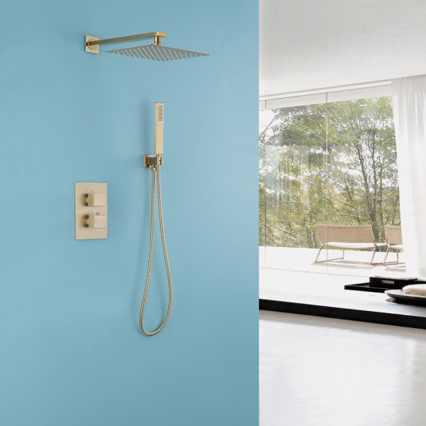 Душевая система ABBER Daheim, встраиваемая, цвет золото матовое, комплект: смеситель термостатический/тропический душ (с верхней лейкой)/лейка/шланг, внутренний (скрытый) монтаж
