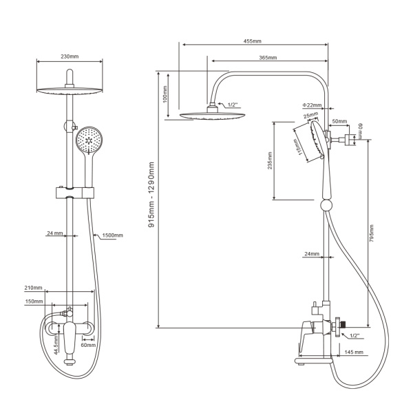 Душевая система/стойка душевая со смесителем для ванны Wesnaart Nova NOV03-314 регулируемая высота 915-1290 мм, комплект: однорычажный, поворотный смеситель/тропический душ, хром