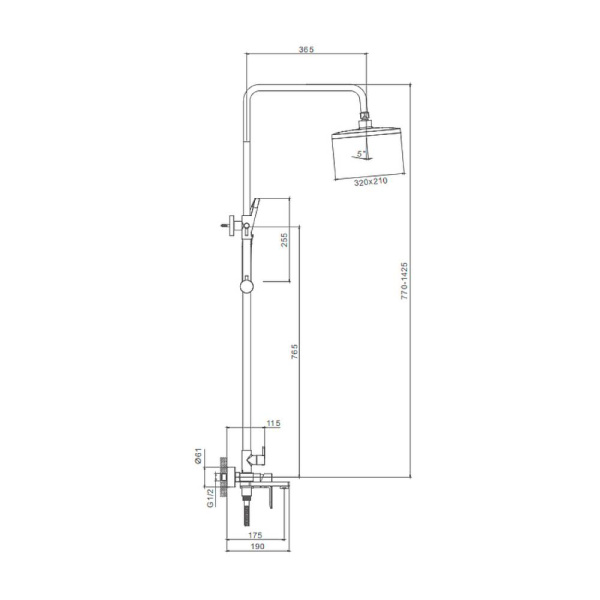 Душевая система Splenka S06.24.06 высота 770-1425 мм цвет черный, комплект: однорычажный смеситель/излив/тропический душ прямоугольный (с верхней лейкой)/лейка/стойка/шланг, латунь