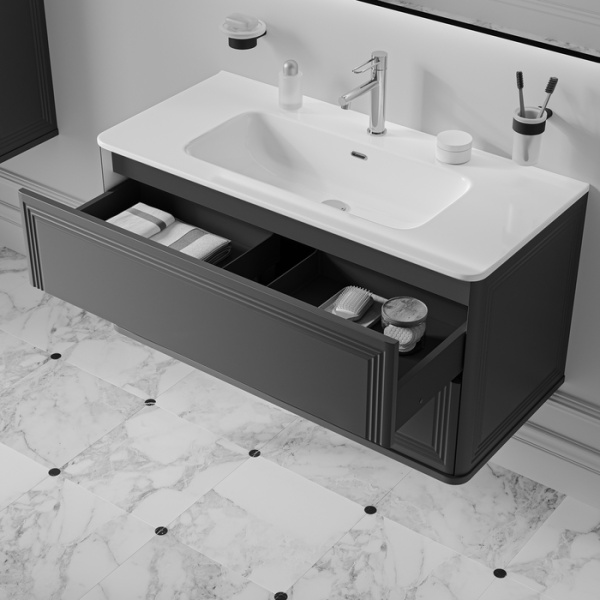 Тумба c раковиной IDDIS Oxford Neo, 1006х467х500 мм, подвесная, 2 выдвижных ящика, МДФ/санфарфор, раковина накладная, прямоугольная, цвет темно-серый, отверстие под смеситель OXN10D0i95K