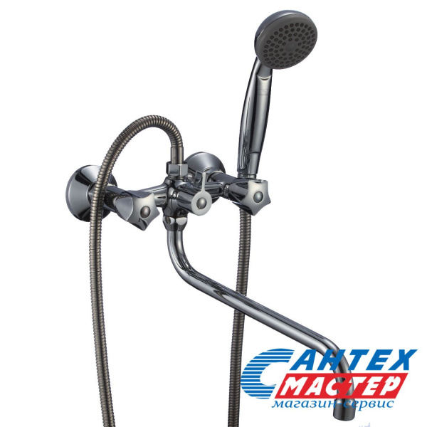 Смеситель для ванны/душа Славен двухвентильный, настенный, излив поворотный 320 мм, с гибким шлангом, душем/лейкой, латунь хром, длинный, универсальный, горизонтальный, вентильный, кран, комплект, сантехника, размер, характеристики