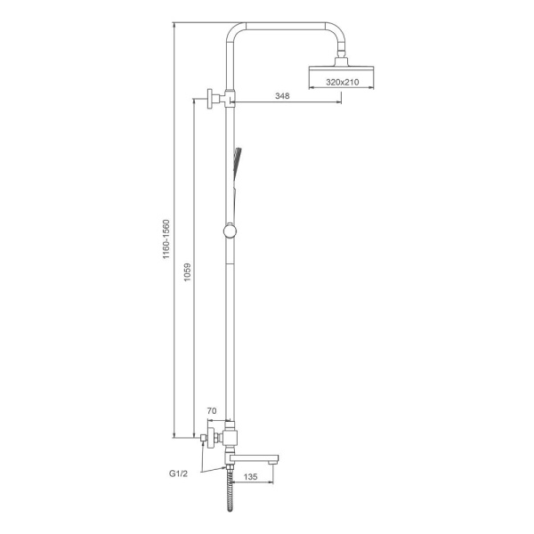 Душевая система Splenka S224.26.06 с термостатом, 1160-1560 мм цвет черный, комплект: термостатический смеситель/излив/тропический душ прямоугольный (с верхней лейкой)/лейка/стойка/шланг, латунь/нержавеющая сталь