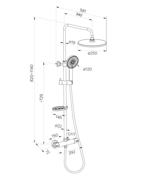 Душевая система настенная Milardo Ideal Spa 820 до 1140 мм цвет черный матовый, термостатический смеситель, без излива, тропический душ/лейка/стойка/шланг/держатель мыла  ILSBLTHM89