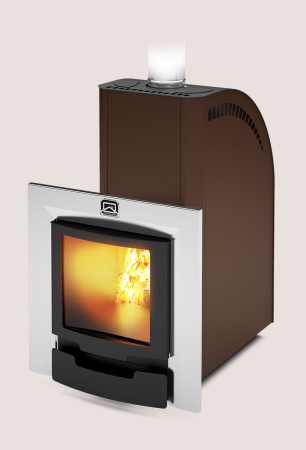 Печь Лагуна-22 ТК Панорама (2018) ТЕПЛОДАР 22м³, (двери стекло 16"с обрамлением) напольная, пристенная, с закрытой каменкой, с выносной топкой из предбанника, вертикальная, финская, масса камней 17 кг, на дровах/брикетах