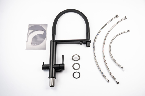 Смеситель для кухни/мойки Knotlor Infinity, с подключением к фильтру, однорычажный, поворотный, керамический, R-излив, гибкий, длина 237 мм, матовый черный/черный, нержавеющая сталь