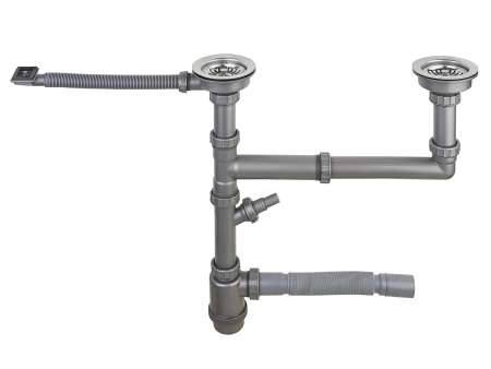 Сифон Ukinox 3 1/2" (90 мм) бутылочный, для мойки с 2 чашами, прямоугольный боковой перелив, с отводом для стиральной или посудомоечной машины, нержавеющая сталь/пластик