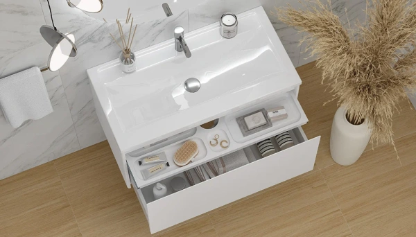 Тумба под раковину Velvex Klaufs 900-0-1, 883х443х440 мм подвесная, цвет белый глянец, 1 выдвижной ящик/выдвижной органайзер, подходит раковина Mario 90, универсальная, в ванную комнату