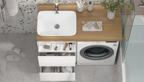 Тумба под столешницу Velvex Klaufs 560-0-2, 558х715х600 мм, подвесная, для стиральной машины, цвет белый, 2 выдвижных ящика/выдвижной органайзер, МДФ, универсальная, в ванную комнату