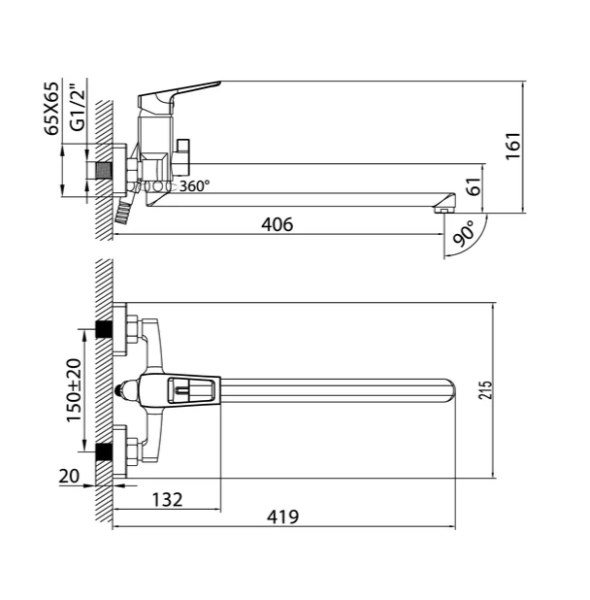 Смеситель для ванны/душа Milardo Atlantic однорычажный, керамический, настенный, излив поворотный 350 мм, с гибким шлангом, душем/лейкой, латунь, цвет хром, длинный, универсальный, горизонтальный, рычажный, кран, комплект, сантехника, размер