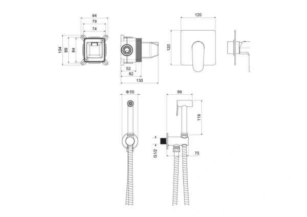 Смеситель с гигиеническим душем Aquatek Оберон встраиваемый, однорычажный, керамический, без излива, с гибким шлангом/лейкой, латунь, цвет шлифованное золото