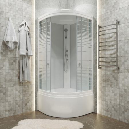 Душевая кабина 90х90х221 см Тритон Стандарт Б3 поддон высокий, полукруглая, угловая, без гидромассажа, с верхним душем, передние стекла (рисунок полосы), закрытая (9 мест+сифон D50)