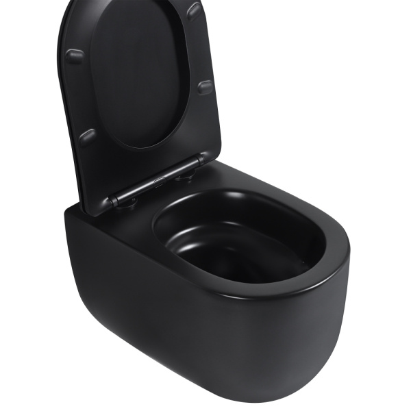 Унитаз подвесной ABBER Bequem 530х360х360 мм цвет черный матовый, горизонтальный (прямой) выпуск, система антивсплеск, смыв торнадо, безободковый, с сиденьем микролифт, дюропласт, под скрытый бачок AC1104TMB
