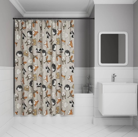 Шторка Iddis Base полиэстер, цвет серый с принтом в виде мордочек лесных зверей, 2000x1800 мм покрытие водоотталкивающее BA02P18i11