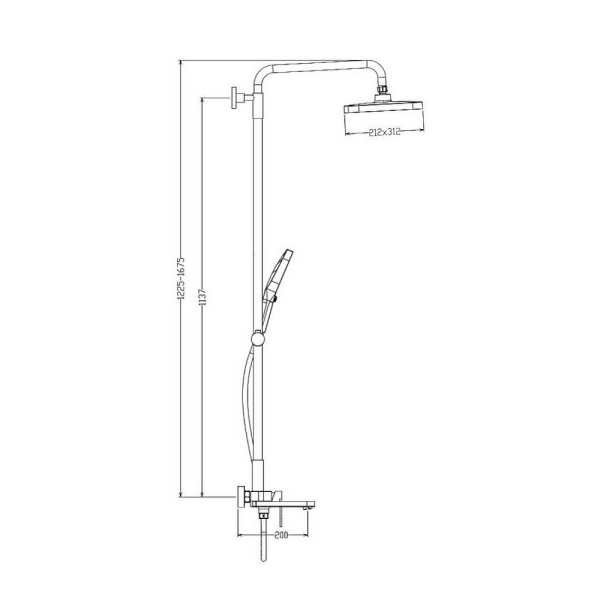 Душевая система Raglo R50.24.09 со смесителем, высота 1225-1675 мм цвет графит, комплект: однорычажный смеситель/излив/тропический душ прямоугольный (с верхней лейкой)/лейка/стойка/шланг, латунь