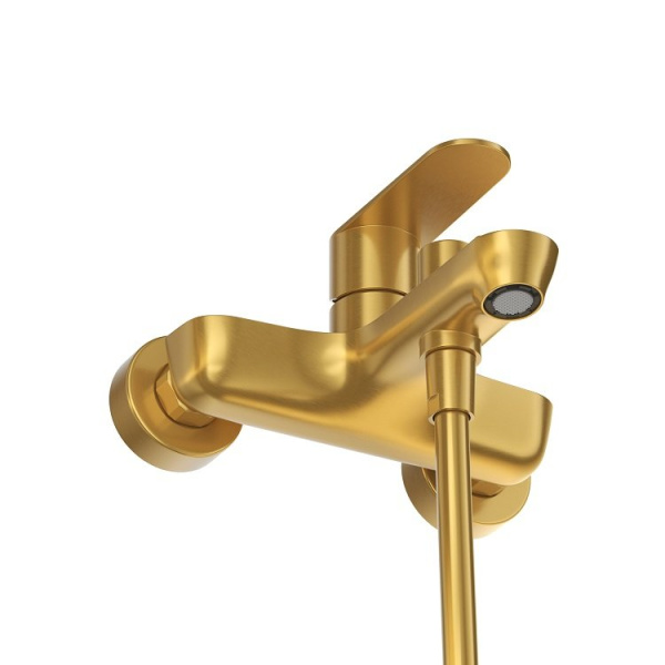 Смеситель для ванны/душа Cezares Stylus настенный, однорычажный, неповоротный, длина излива 176 мм, в комплекте с ручным душем, шлангом и держателем, керамический, нержавеющая сталь, цвет брашированное золото