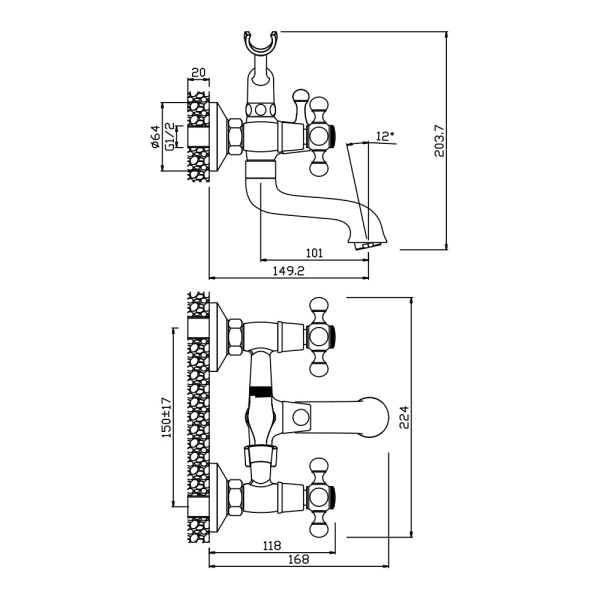 Смеситель для ванны/душа Olives Girona двухвентильный, керамический, настенный, излив фиксированный 101 мм, с гибким шлангом, душем/лейкой, латунь хром 01201GR