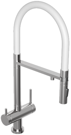 Смеситель для кухни/мойки Abelsberg Venta с каналом для фильтрованной воды, однорычажный, поворотный/гибкий/выдвижной, керамический, излив 220 мм, высота излива 200 мм латунь/силикон, цвет глянцевый хром/белый
