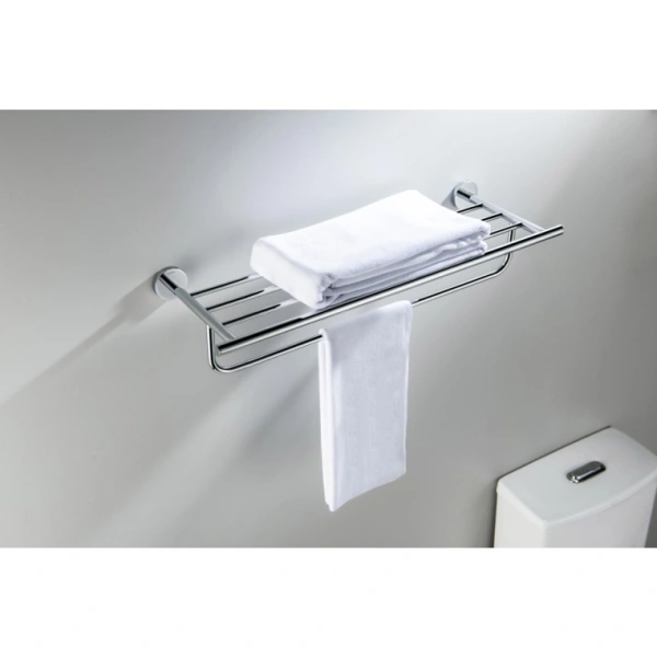 Полка Aquatek Оберон с полотенцедержателем, 600х220 мм настенная, цвет хром, нержавеющая сталь/латунь, прямоугольная, подвесная, для душа/ванной