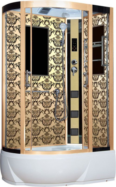 Душевая кабина 80х120х220 см Niagara Lux (правая) поддон низкий, ассиметричная, угловая, стекло прозрачное, заднее с узором, с гидромассажем, с сиденьем, сенсорная, профиль золото, смеситель, белая, закрытая